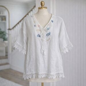 Femme Fatale 100% Linen Made In Italy White Embroidered Beach Cover Shirt